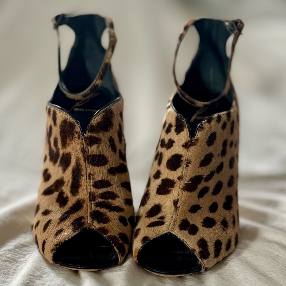 Brian Atwood Leopard Print Peep-Toe Slingback Heels